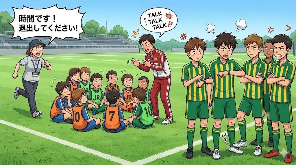 少年サッカーのグラウンドで利用時間を過ぎても退出せずトラブルになっている様子を描いたイラスト