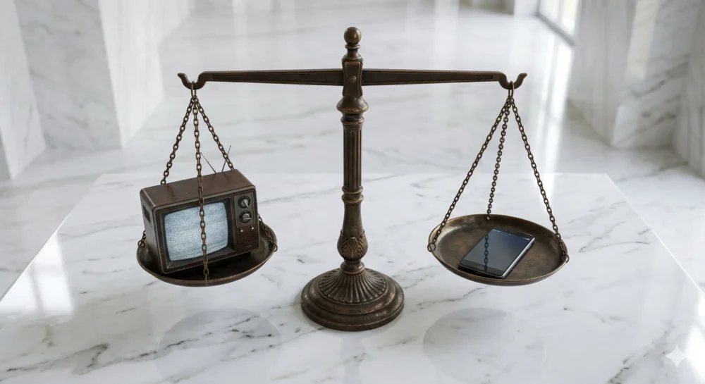 天秤にテレビとスマートフォンが載っている構図｜YouTuber世代vsテレビ芸人世代の対立