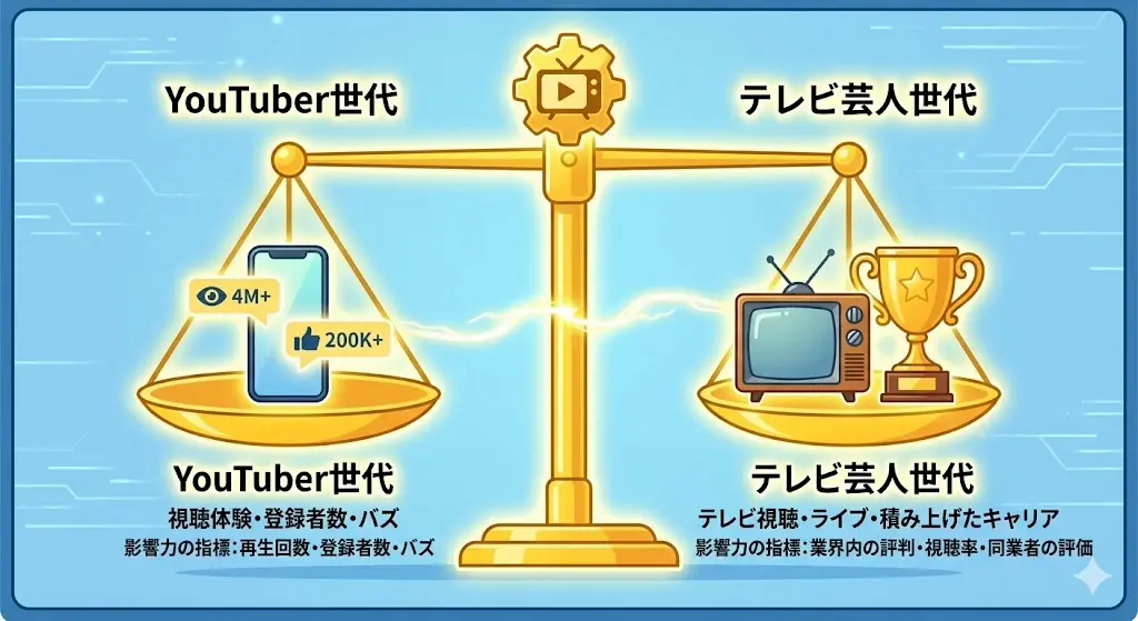 YouTuber世代とテレビ芸人世代における笑いの基準とメディア価値観の違いを図解