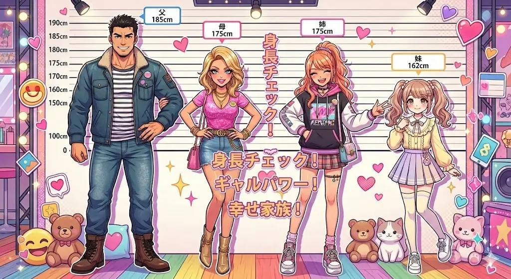 父親185cm、母親175cm、ゆうちゃみ175cm、妹ゆいちゃみ162cmの高身長ギャル家族のイラスト