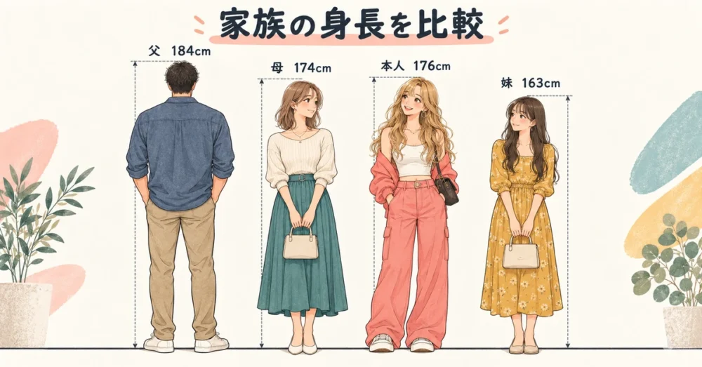 父184cm・母174cm・本人176cm・妹163cmの身長比較