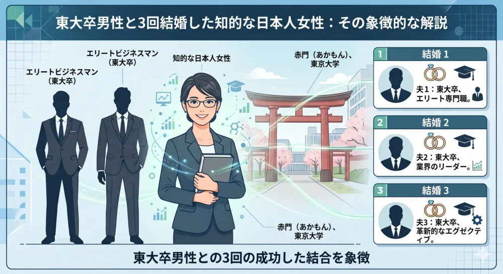 膳場貴子の3回の結婚歴と、歴代の夫(旦那)が全員東京大学卒であることを表現した分かりやすい図解イラスト。