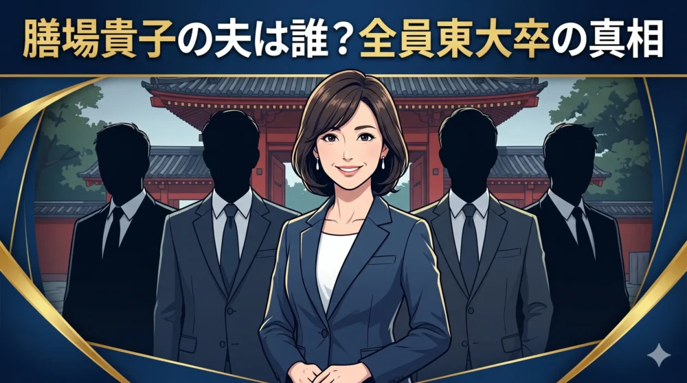 膳場貴子の夫・結婚歴・離婚理由を解説するブログ記事のアイキャッチ画像。3人の東大卒旦那と知的な女性キャスターのイラスト。
