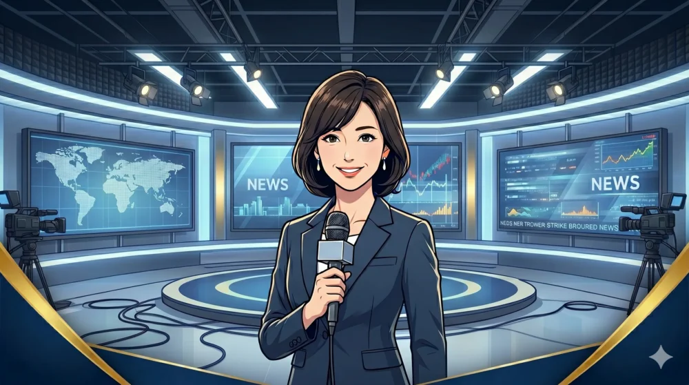 膳場貴子アナウンサーのプロフィールと経歴をイメージした、知的な日本人女性キャスターのイラスト。