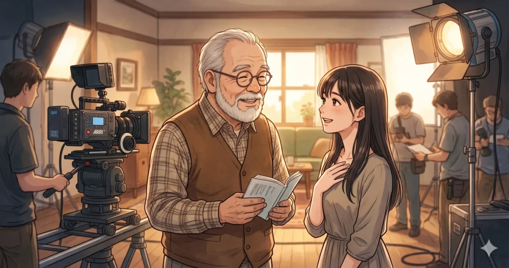 映画の撮影現場で、優しく演技の指導をする年配の監督と熱心に聴く若手女優のイラスト