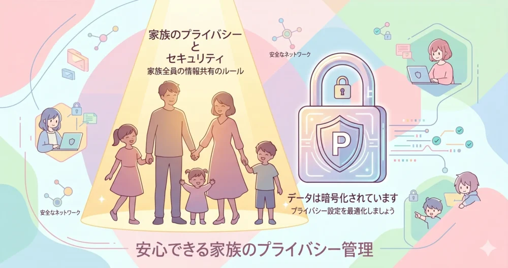 温かい光に包まれた家族のシルエットと、プライバシーを守る鍵のアイコンが描かれた概念図