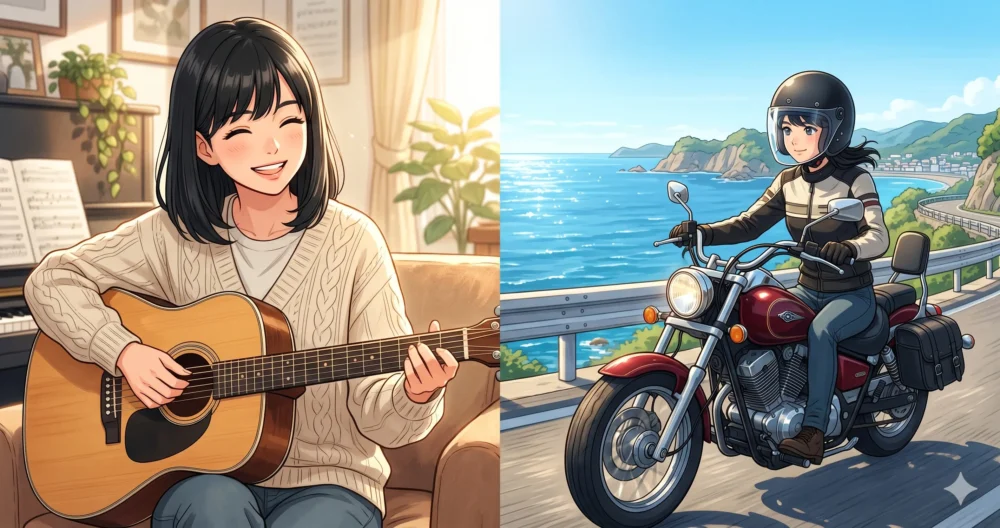 ギターの弾き語りやバイクツーリングが趣味の、20代前半の爽やかな日本人女優のイラスト