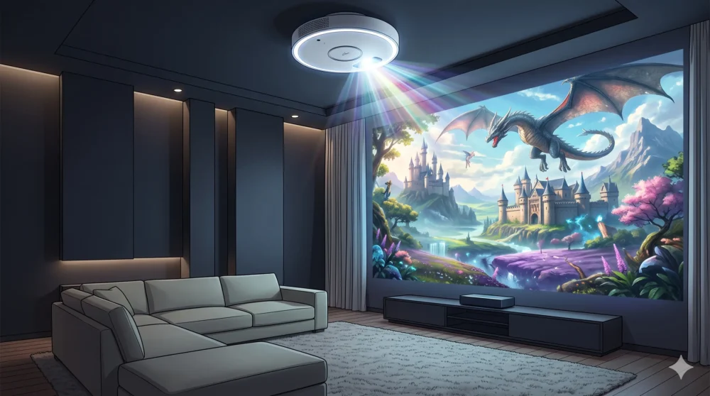 天井に設置されたAladdin X3 Laser 4Kから、リビングの壁面に色鮮やかな4K映像が投映されている、おしゃれな部屋のイラスト。