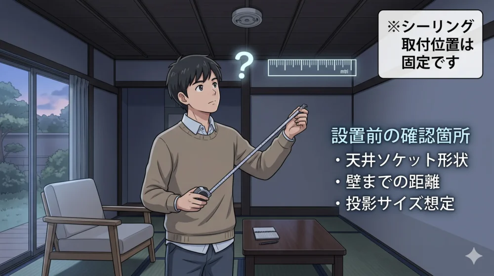 天井のライトの位置と壁までの距離をメジャーで確認し、設置スペースを思案している男性のイラスト。