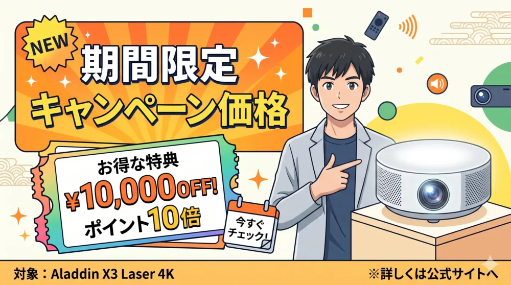 特典やクーポン配布による割引キャンペーンをアピールする、お得感のある告知ボード風のイラスト。