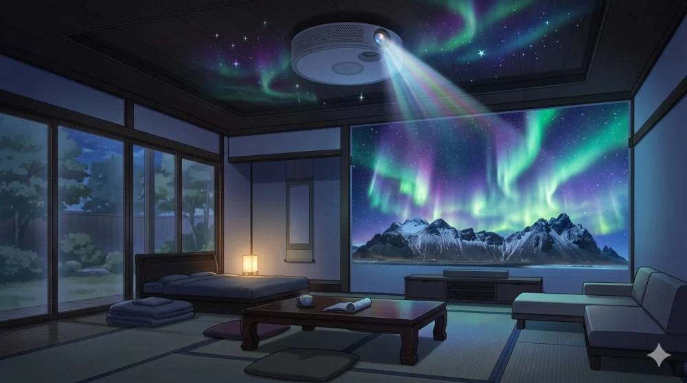 暗くした部屋の壁に、Aladdin X3 Laser 4Kから非常に鮮やかでリアルな風景の4K映像が投映されている様子のイラスト。