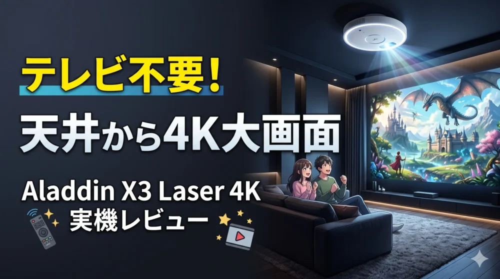 「テレビ不要！天井から4K大画面」というキャッチコピーと共に、Aladdin X3 Laser 4Kがリビングを映画館に変えている、魅力的で高画質なアイキャッチ用イラスト。