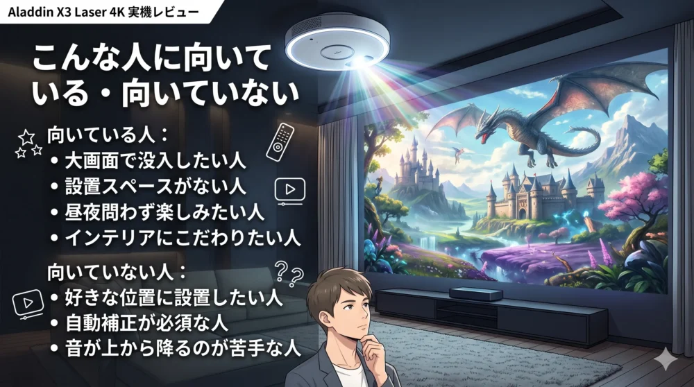 暗い部屋の壁面にファンタジー映画が大画面で投映されている前で、男性が「こんな人に向いている・向いていない」のチェックリストを見ながら思案している、Aladdin X3 Laser 4Kのレビュー用イラスト。