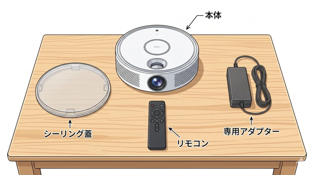 Aladdin X3 Laser 4Kの同梱物（本体、シーリング蓋、リモコン、アダプター）が綺麗に並べられている、わかりやすい説明図のイラスト。