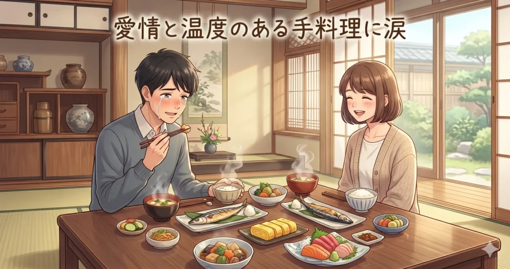 テレビ番組（アナザースカイ）でも話題になった、山本舞香の温かい手料理のぬくもりに感動して涙を流すHiroのエピソードイラスト。