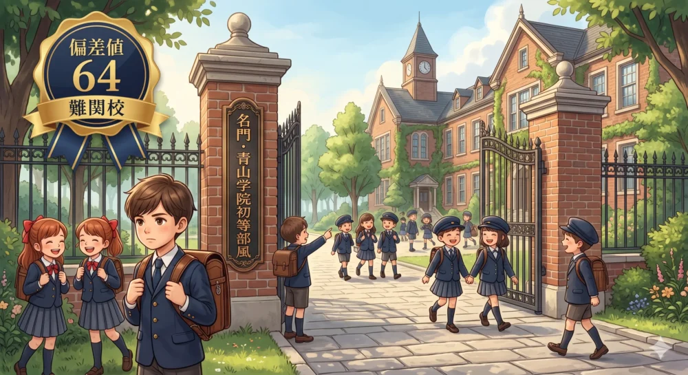 市村優汰が進学したとされる青山学院初等部のイメージイラスト。偏差値64の難関校。