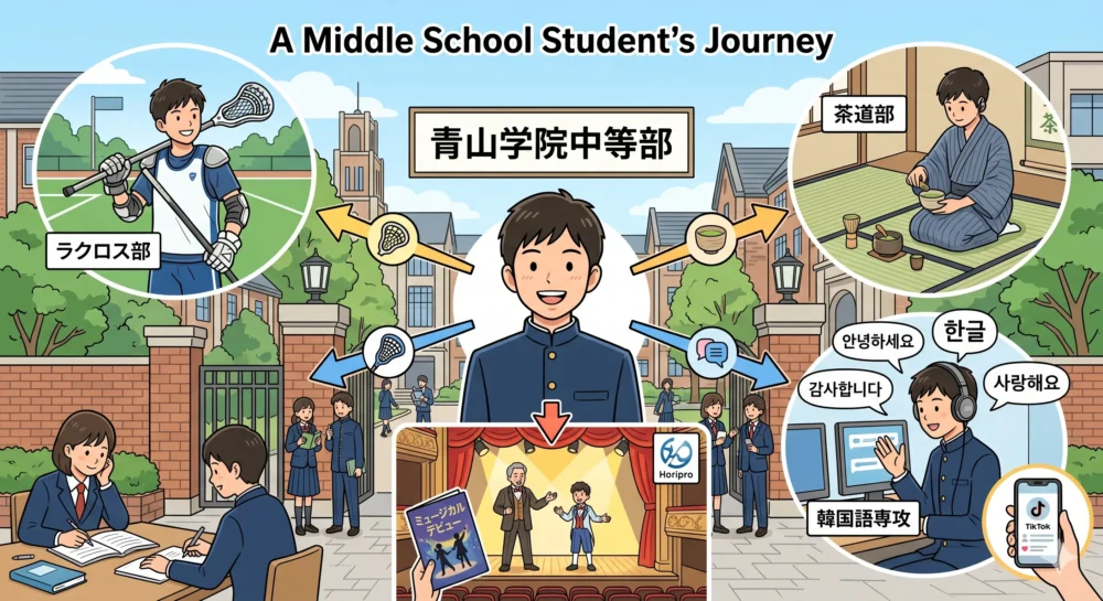 市村優汰の青山学院中等部での生活イメージ。ラクロス部、茶道部、韓国語、芸能デビューの活動。