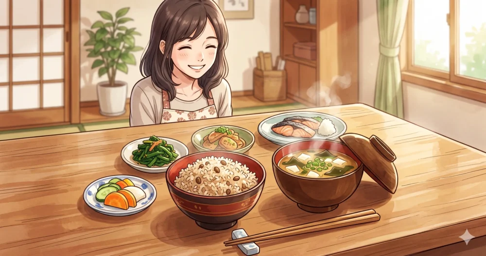 酵素玄米や一汁三菜の和食など健康的な食生活をイメージしたイラスト