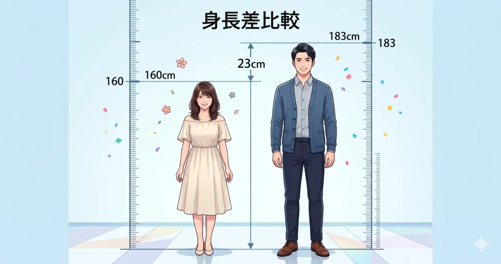 身長160cmの女性役者と背の高い男性共演者との身長差をわかりやすく図解した比較イラスト