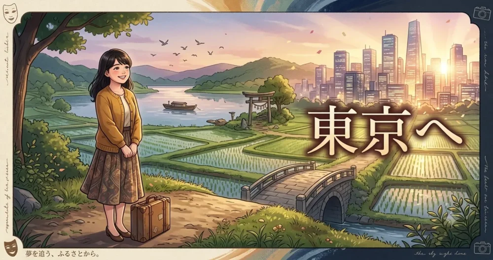 自然豊かな地方の公園から上京し、ブレイクを果たした女優の夢への軌跡を描いたイラスト