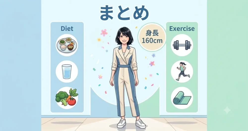 身長160cmと健康的なスタイル維持の秘密をまとめた分かりやすい解説イラスト
