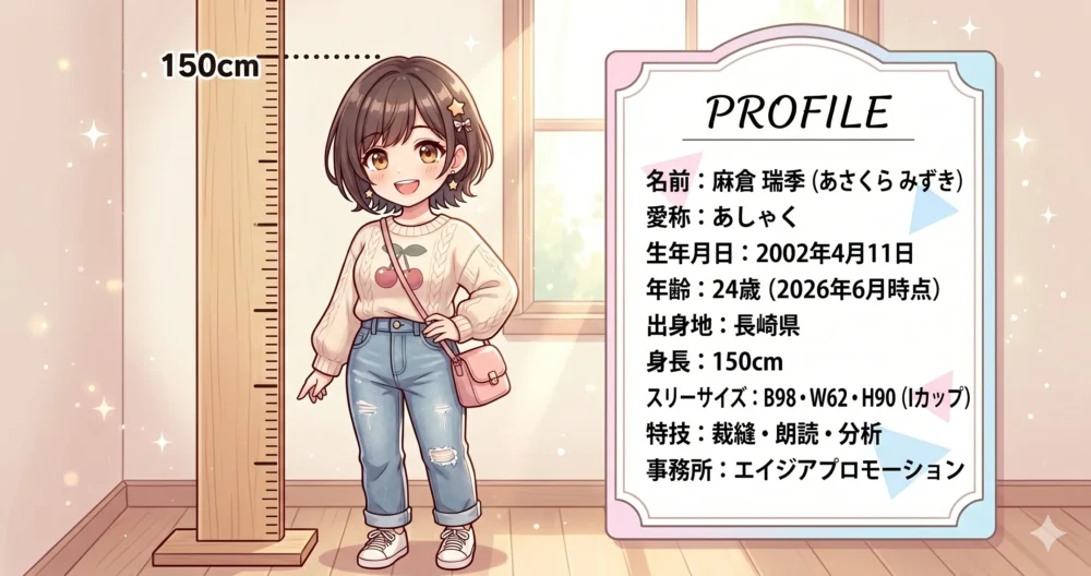 身長150cmの小柄なグラビアアイドル・麻倉瑞季のプロフィールと基本情報をイメージしたイラスト