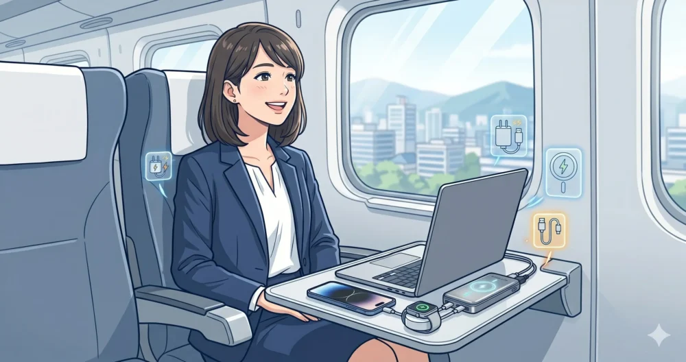 出張や旅行先で複数のデジタルデバイスをまとめて快適に充電しているビジネスパーソンのイラスト
