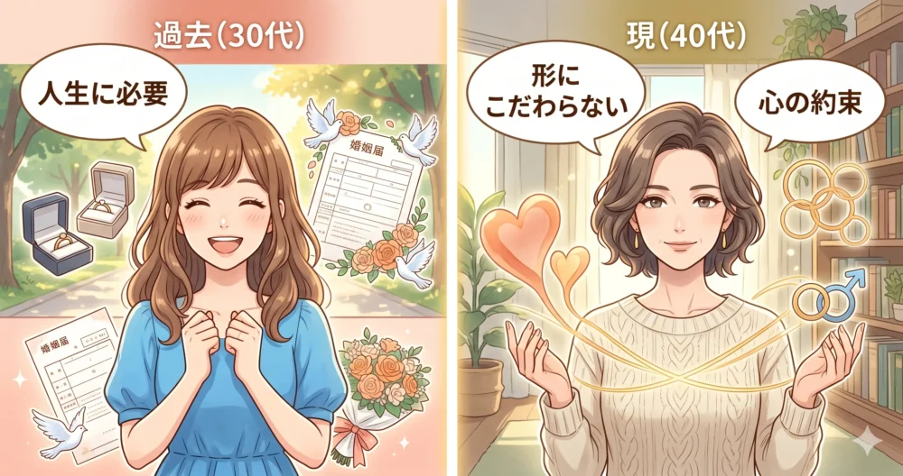 年齢とともに変化する結婚観のタイムラインイラスト。形にこだわらない柔軟なパートナーシップを表現。
