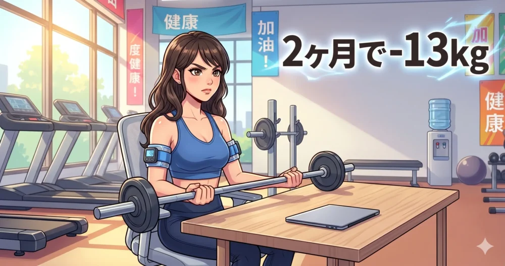 2ヶ月で13kg減量を目指して加圧トレーニングのベルトを腕に巻き、真剣な表情で運動する日本人女性のイラスト。