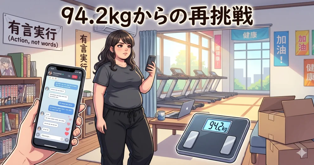 2026年6月に現在の体重94.2kgを前にして、SNSでのウォーキング配信によるダイエット再挑戦を固く決意する日本人女性のイラスト。
