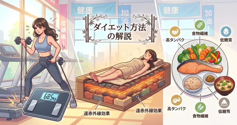 A 3-panel educational infographic illustration explaining diet methods. Panel 1: A woman doing fitness training. Panel 2: A woman relaxing in a hot stone sauna. Panel 3: A healthy meal with protein and vegetables. In the center, the Japanese title text 「ダイエット方法の解説」 is neatly written. Clean, professional layout, light colors. 1.91:1 aspect ratio.