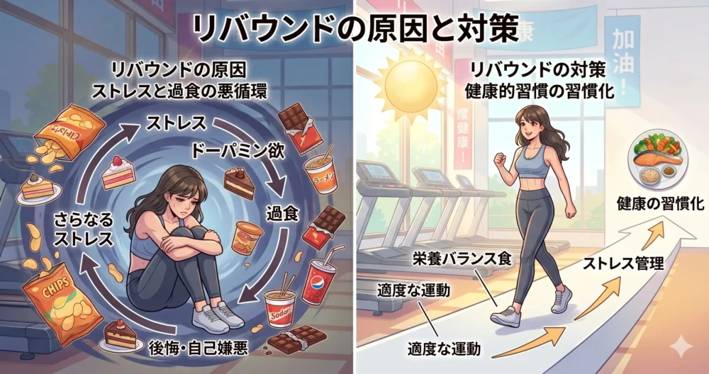 ストレスによる過食の悪循環(リバウンド)と、その解決策である習慣化を対比させた図解イラスト。