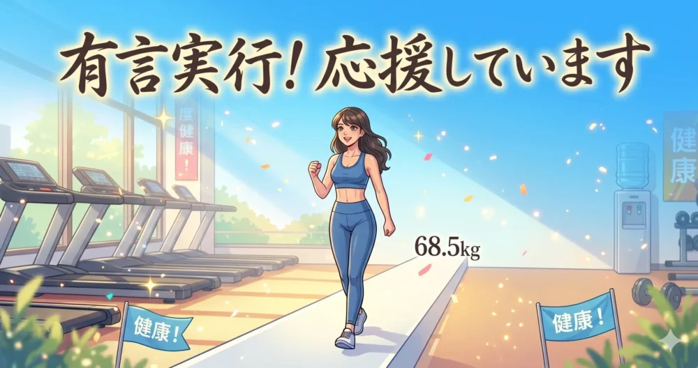 ダイエットの成功を願って青空に向かって力強く一歩を踏み出す日本人女性のポジティブな応援イラスト。