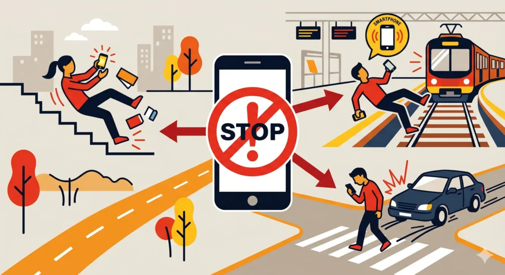 歩きスマホが引き起こす駅ホーム転落や衝突事故の危険性を分かりやすく表した警告インフォグラフィック図解