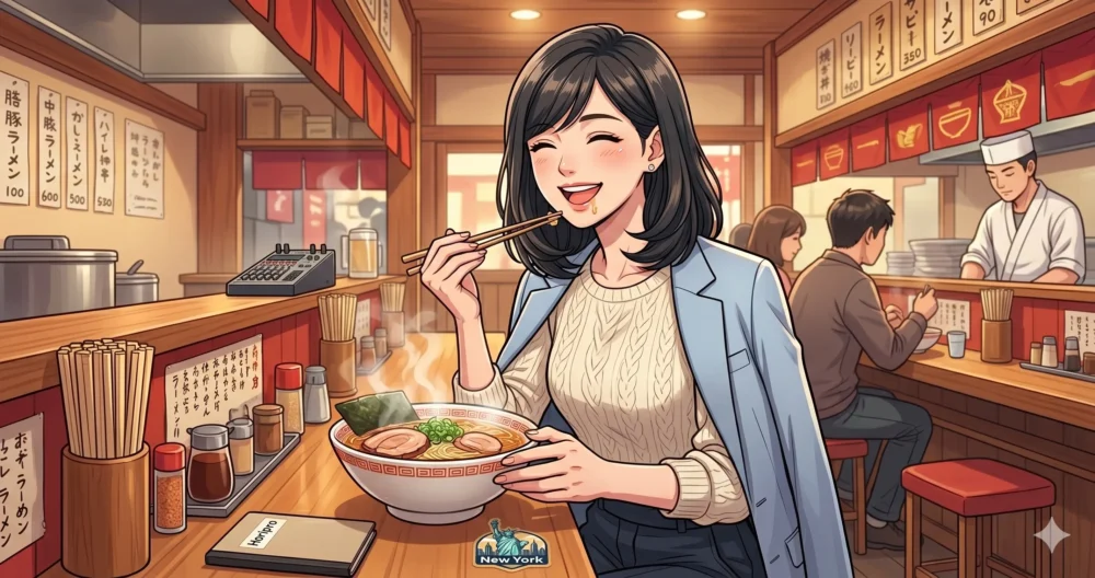 清楚な見た目とは裏腹に、カウンターで美味しそうにラーメンを食べる女性アナウンサーのギャップを表したイラスト
