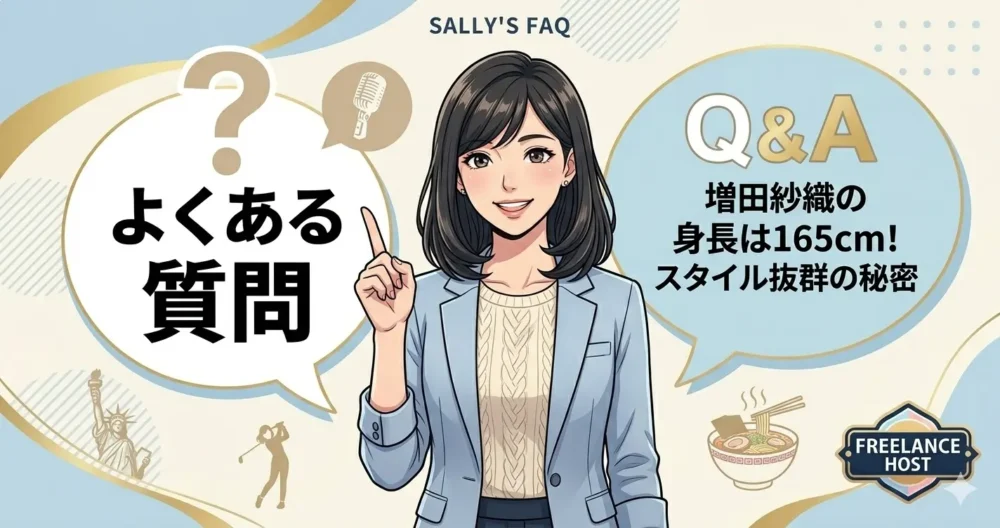 身長や経歴についての質問(Q&A)に笑顔で答える、人差し指を立てた日本人女性アナウンサーのイラスト