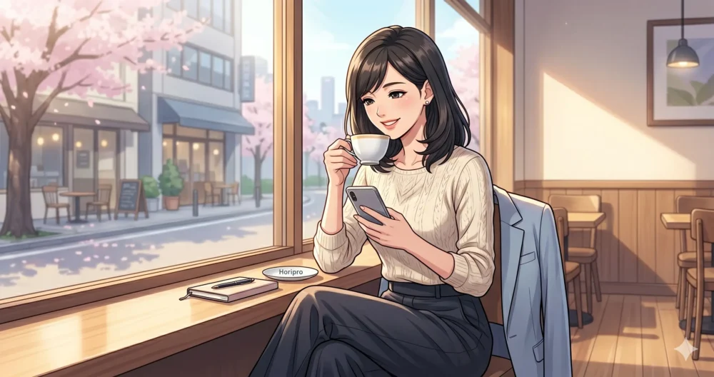 カフェで読書をしながら、プライベートの時間を大切に過ごす独身の日本人女性アナウンサーのイラスト