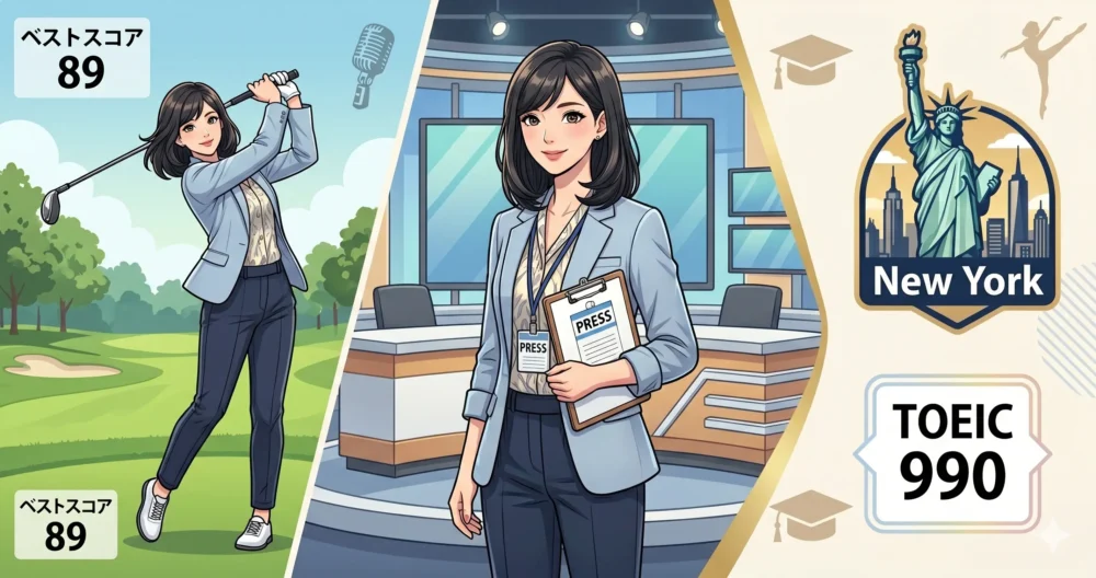 ゴルフクラブを手に持ち、英語の書類をスマートにこなす才色兼備な日本人女性アナウンサーのイラスト