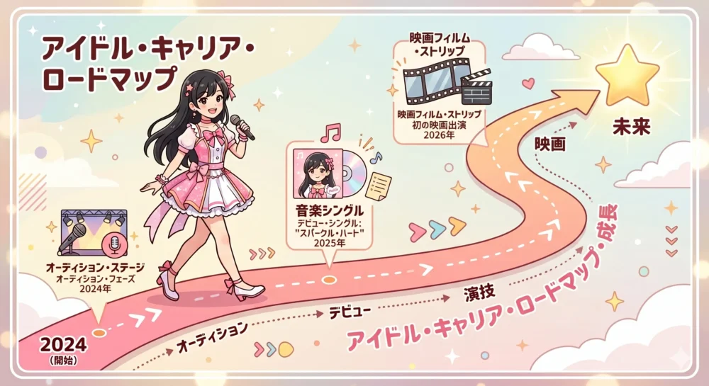 女性アイドルのオーディション合格からシングル選抜入り、映画出演までの軌跡を表したタイムライン風のイラスト図解