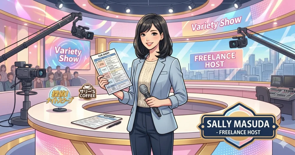 東京の全国ネットの情報番組で、笑顔でMCとして活躍するフリーアナウンサーのイラスト