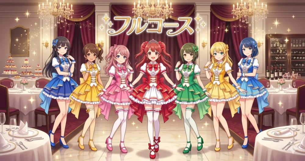 TWIN PLANET所属、中川心が赤色担当として活動する7人組女性アイドルグループ「フルコース」のイメージイラスト