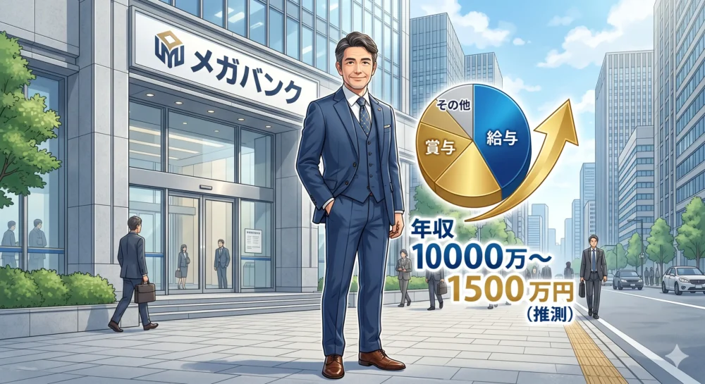後上翔太の父親（エリート銀行員）のイメージイラスト。メガバンクのビルを背景に、スーツ姿の男性と「年収1000万〜1500万円（推測）」のインフォグラフィック。