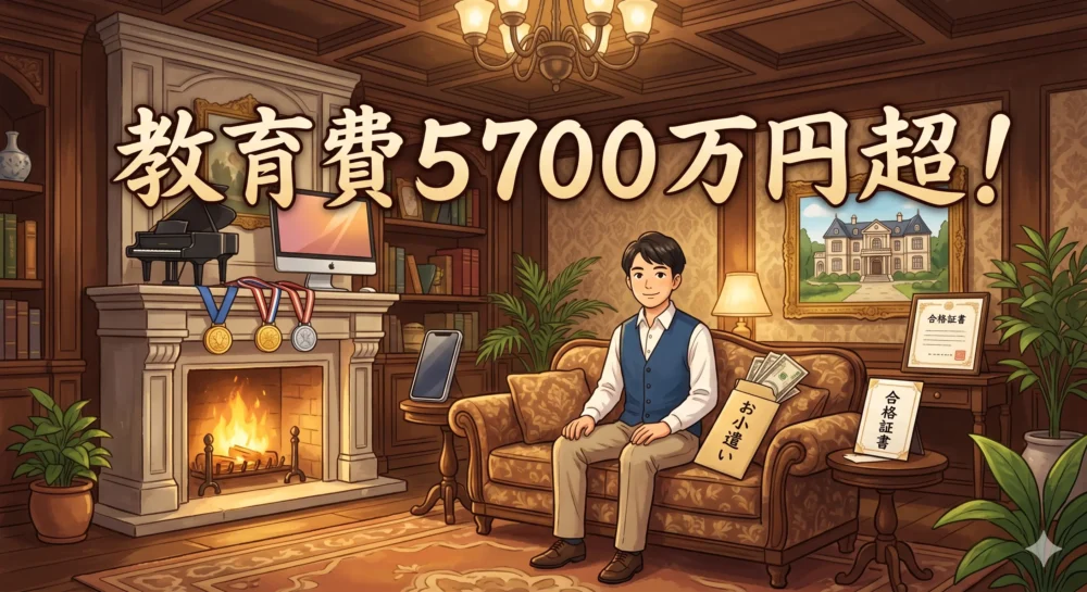 後上翔太のお坊ちゃま伝説を象徴するアイテム（ピアノ、パソコン、体操教室メダルなど）に囲まれた、育ちの良さそうな男性のイラスト。教育費5700万円超の文字も。