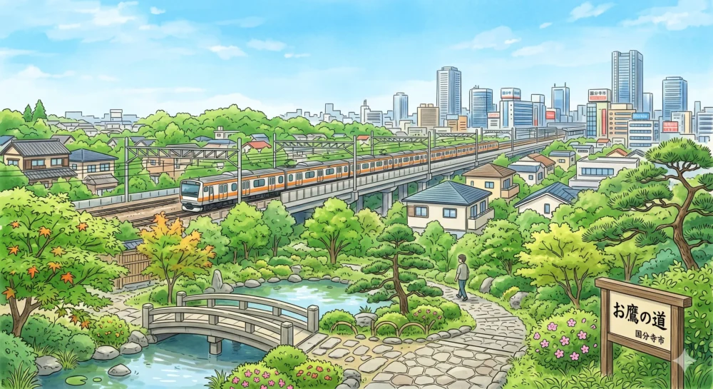 後上翔太の実家がある東京都国分寺市のイメージイラスト。JR中央線と緑豊かな住宅街、殿ヶ谷戸庭園、お鷹の道が描かれた、自然と都会が調和する街並み。