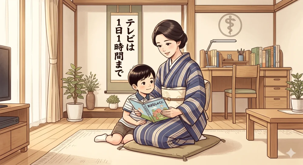 後上翔太の母親（医師家系出身の教育ママ）のイメージイラスト。和服姿の女性が幼い息子に読み聞かせをしており、「テレビは1日1時間まで」の掛け軸がかかっている。