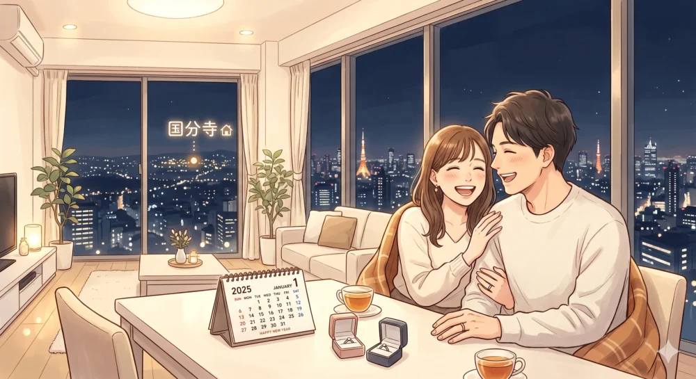 横山由依と結婚した後上翔太（似ている人物）が、都内のタワーマンションで幸せそうに過ごすイメージイラスト。窓の外には国分寺の実家への繋がりが描かれている。