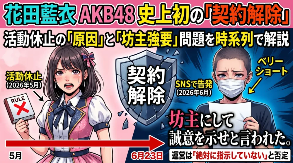 「花田藍衣の活動休止の理由は何した？AKB48史上初の契約解除と『坊主強要』問題を時系列で解説」という記事のアイキャッチ画像。坊主頭（ベリーショート）で涙ながらに訴えるアイドル（花田藍衣）と、運営会社との対決構造を表現。