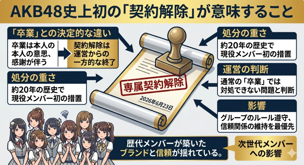 AKB48の長い歴史において、現役メンバーに対して「専属契約解除」が下されたことの意味を解説する図解。通常の「卒業」との違い、グループの信頼とブランド、次世代メンバーへの影響を表現。