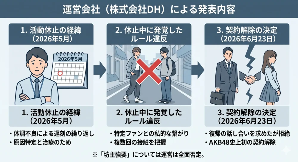 AKB48運営会社(株式会社DH)が発表した、花田藍衣の活動休止から専属契約解除に至る経緯をまとめた図解。体調不良、特定ファンとの繋がり、協議決裂を説明。