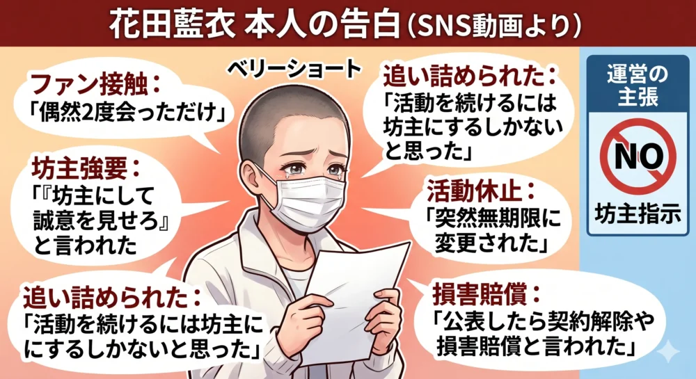 花田藍衣がSNSで公開した告白動画の内容をまとめた図解。坊主頭での謝罪、特定ファンとの接触回数の食い違い、運営からの「坊主にして誠意を見せろ」という強要、損害賠償の示唆を訴える。